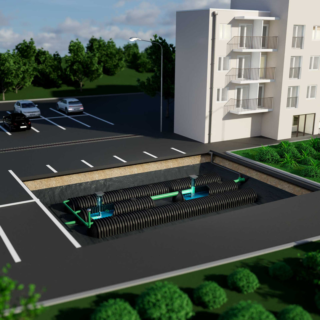 DRAINMAX Regenwasser-Rückhaltung 40 m³ Tunnel-System DIBt-zertifiziert EPDM-Folie Fernüberwachung