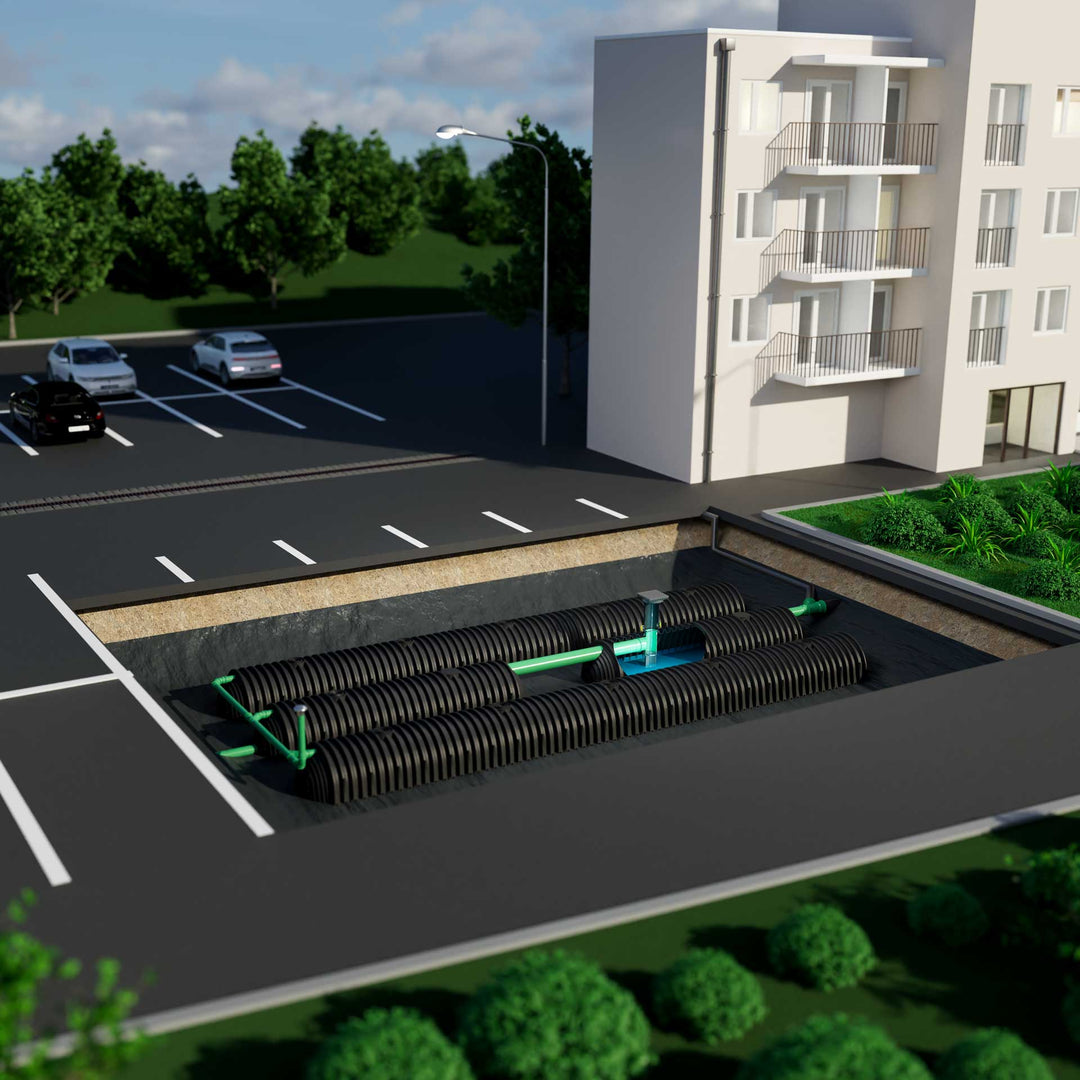 DRAINMAX Regenwasserversickerung 40m³ Tunnel-System DIBt-zertifiziert Fernüberwachung