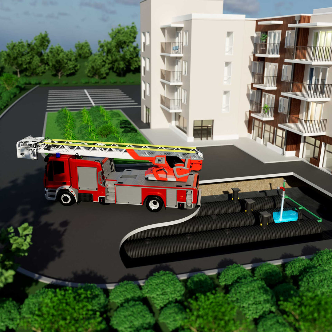 DRAINMAX Löschwasserspeicher 30 m³ Tunnel-System DIN 14230 DIBt-zertifiziert EPDM-Folie