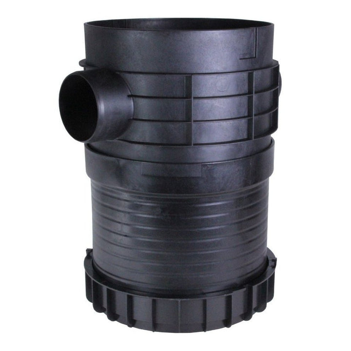 PLURAFIT Filter mit Filterkorb 1 mm Maschenweite, Erdeinbau + Rohranschlusskappe, Rohrkappen seitlich